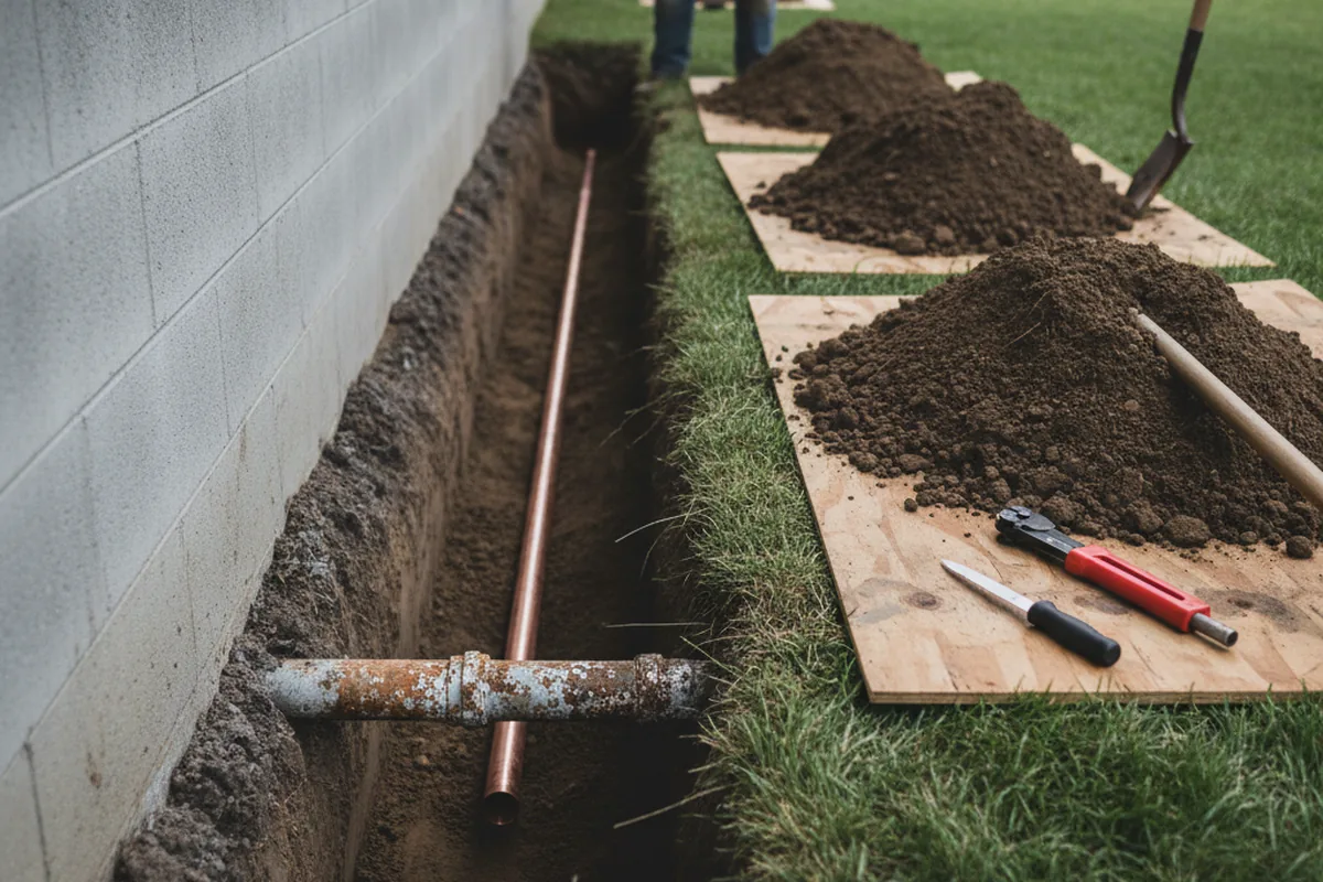 Excavated water line trench during Water Softener Installation in Moran